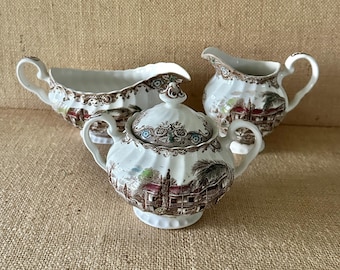 Vintage Johnson Brothers Heritage Hall Transferware: Creamer, Sugar Bowl, Gravy Boat