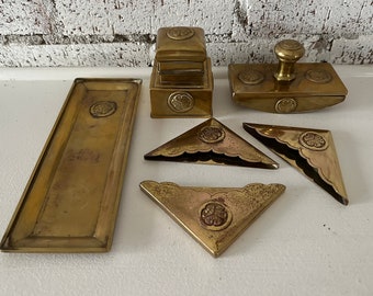 Vintage 6 Piece Brass Desk Set, Ink Rocker Blotter, Inkwell, Tray and Calendar Corners, Library, Home Office Decor, Desk Accessories