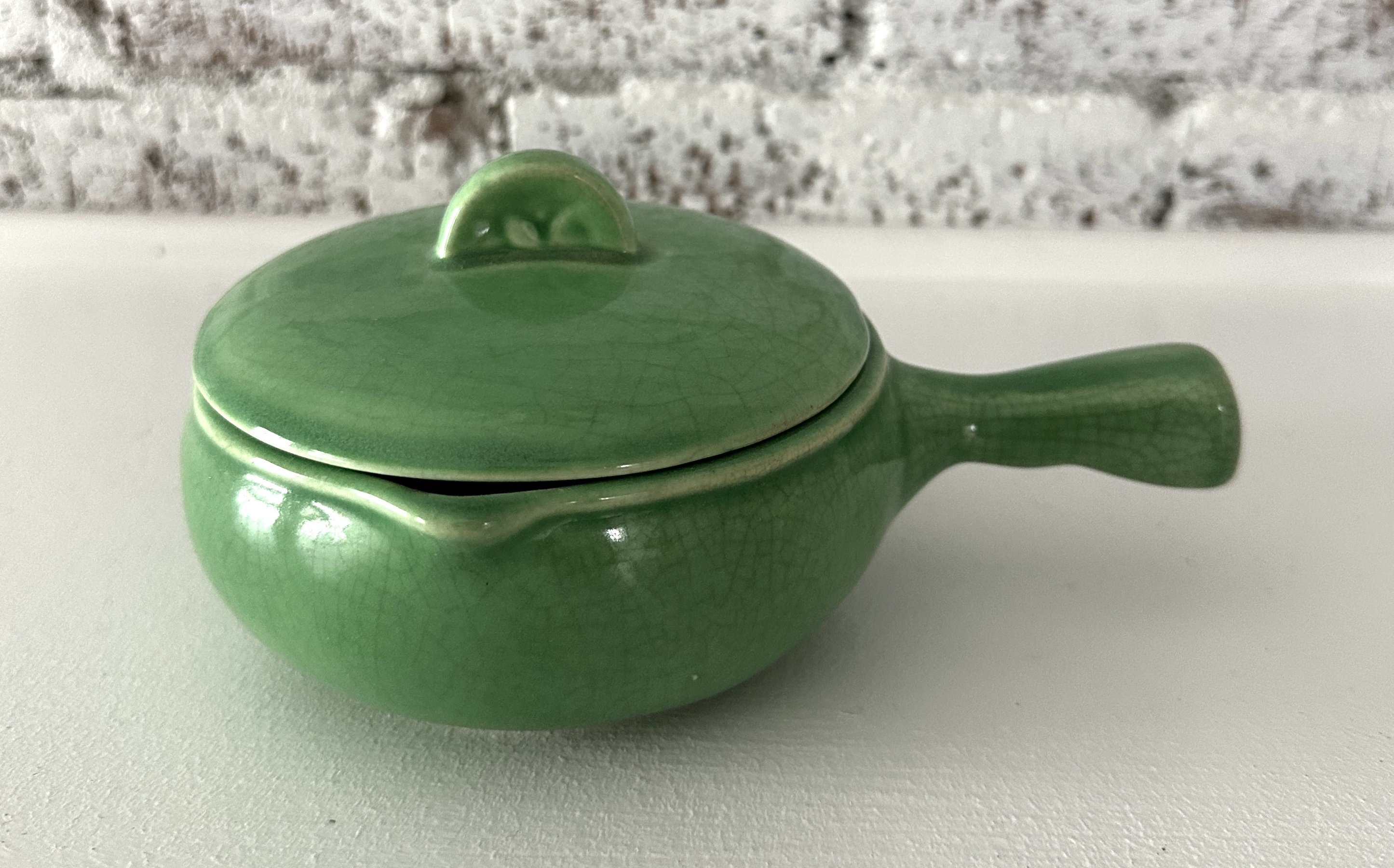 vintage pottery onion soup bowls, stick handle casserole dishes w/ lids