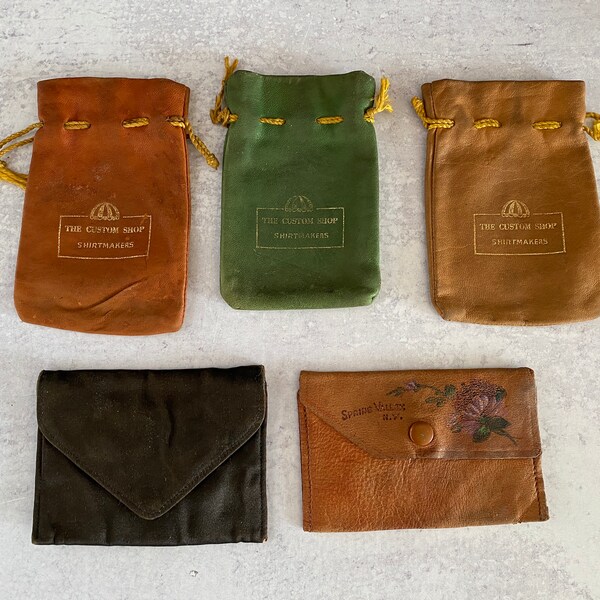 Mid Century Vintage Lot 5 Mixed Small Leather Drawstring Pouches & Snap Coin Purses-The Custom Shop Shirtmakers-Spring Valley NY Souvenir