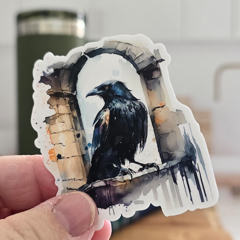 Window Covering Bird Protection Raven Sticker, Gothic Stone Window Arch, Watercolor Black Bird for ...