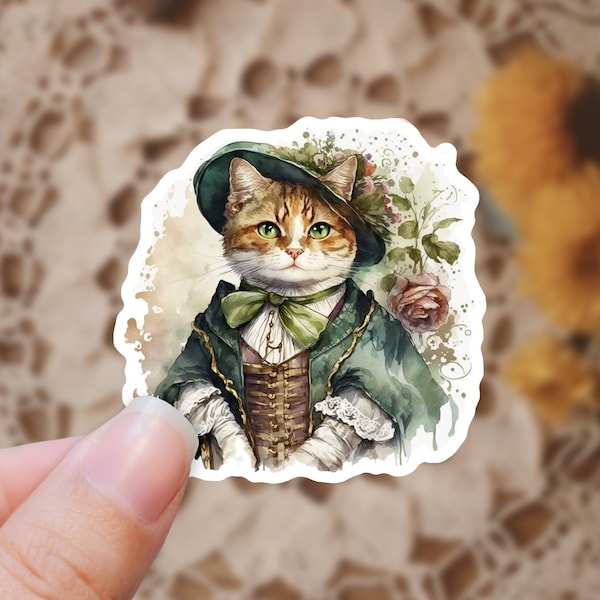 Fantasy Historical Portrait Female Cat || High Society Cats || 3 Inch Waterproof Sticker || Water Bottle Laptop Tablet Stickers 014-003