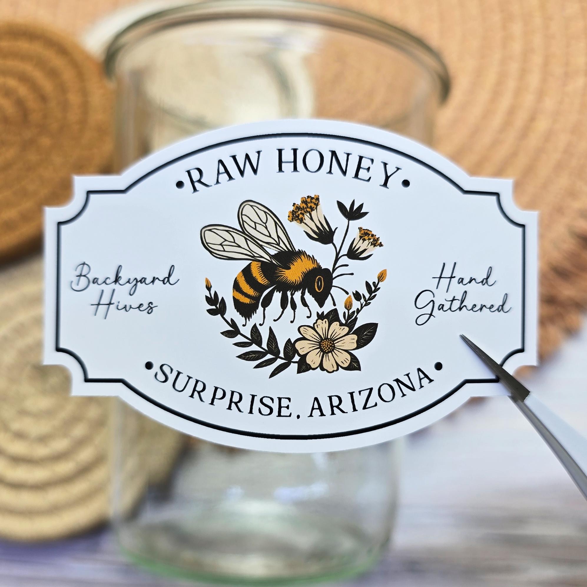 Custom Vintage Raw Honey Labels || Personalized Homestead Stickers || Retro Farmhouse Style Label || Water & Oil Resistant || L004
