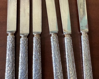 6 Antique WM Rogers Wallingford Ct fruit knives embossed repousse 5.75 in long