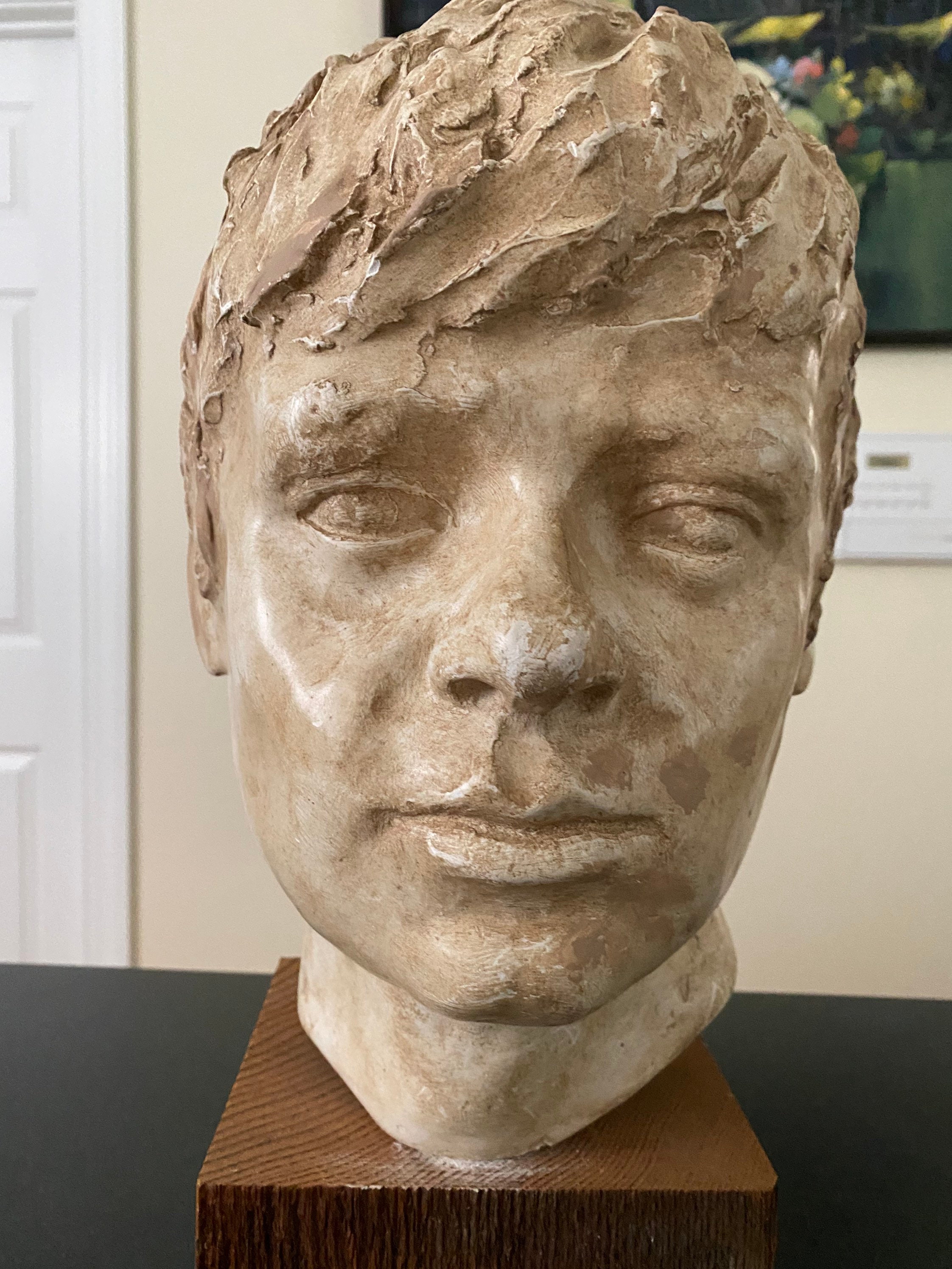 Bust of a Man Life Size on a Wooden Base Unsigned Quite Heavy 16