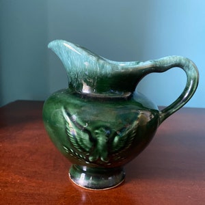 Hull USA Glazed green pottery pitcher creamer 5.5 in tall by 6in across