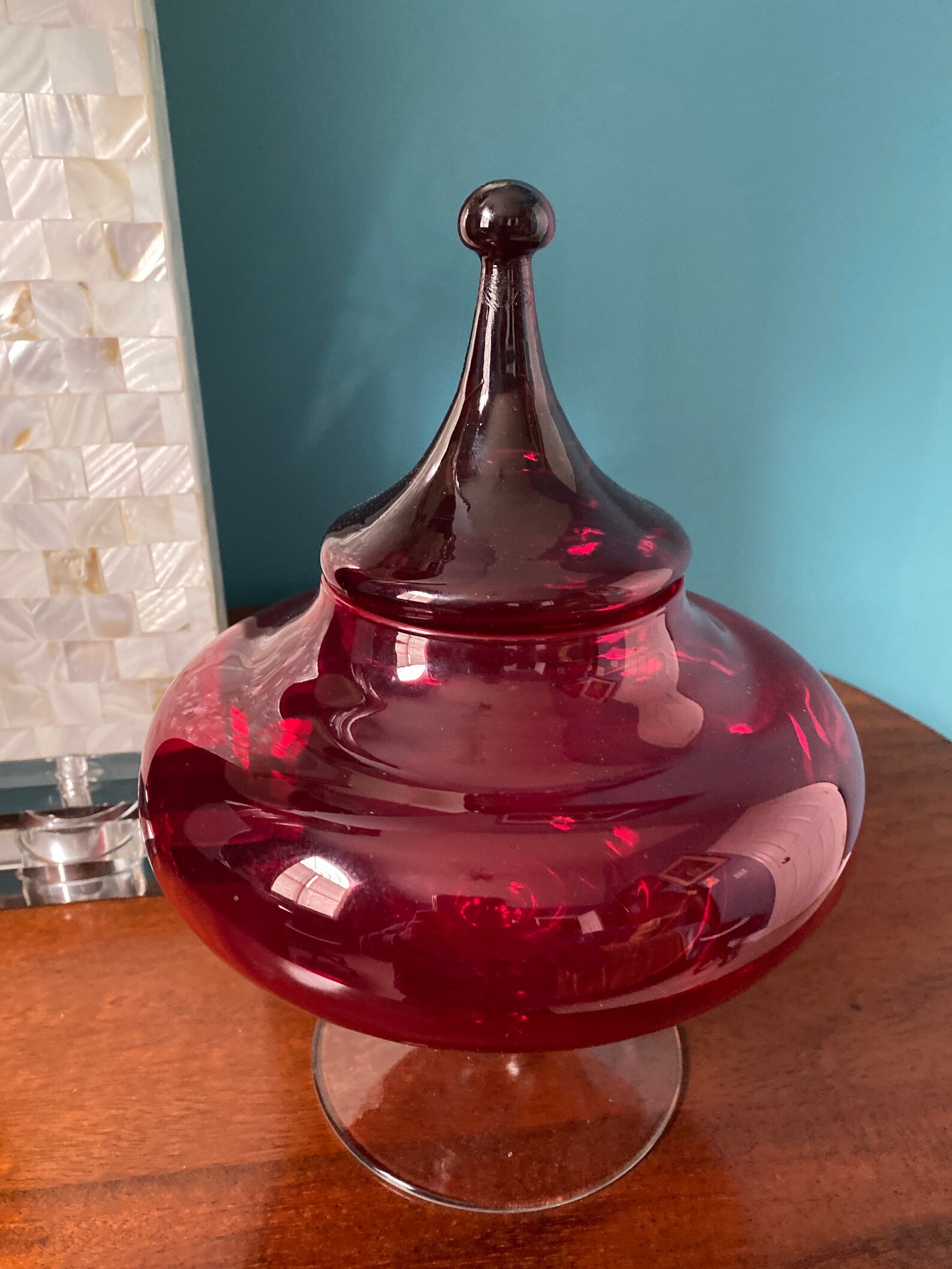 Blown ruby red glass compote jar with top cover Etsy