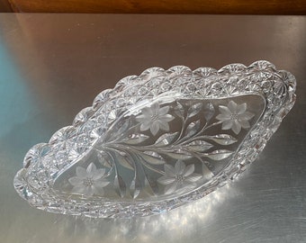Cut pressed etched  glass bowl dish 14 in long