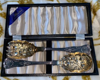 Set of salad serving flatware silver plate gold bowl 9” Sheffield England