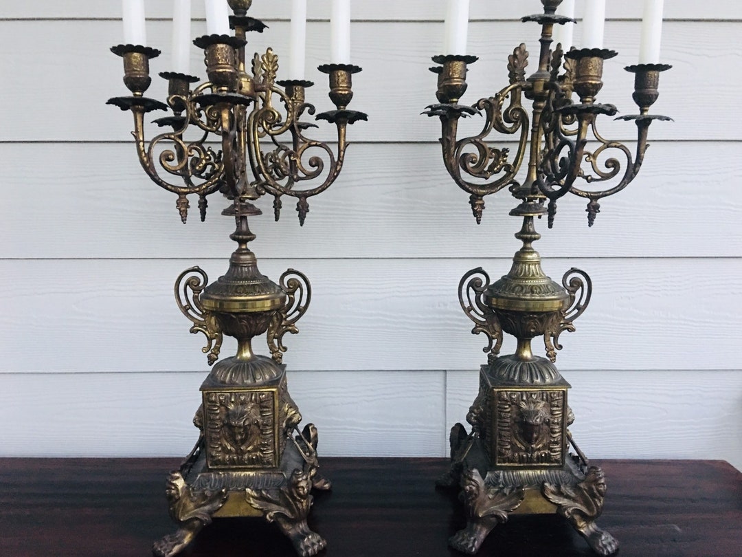 Rare Victorian Gothic Revival Pair of 19thc 6 Light Figural