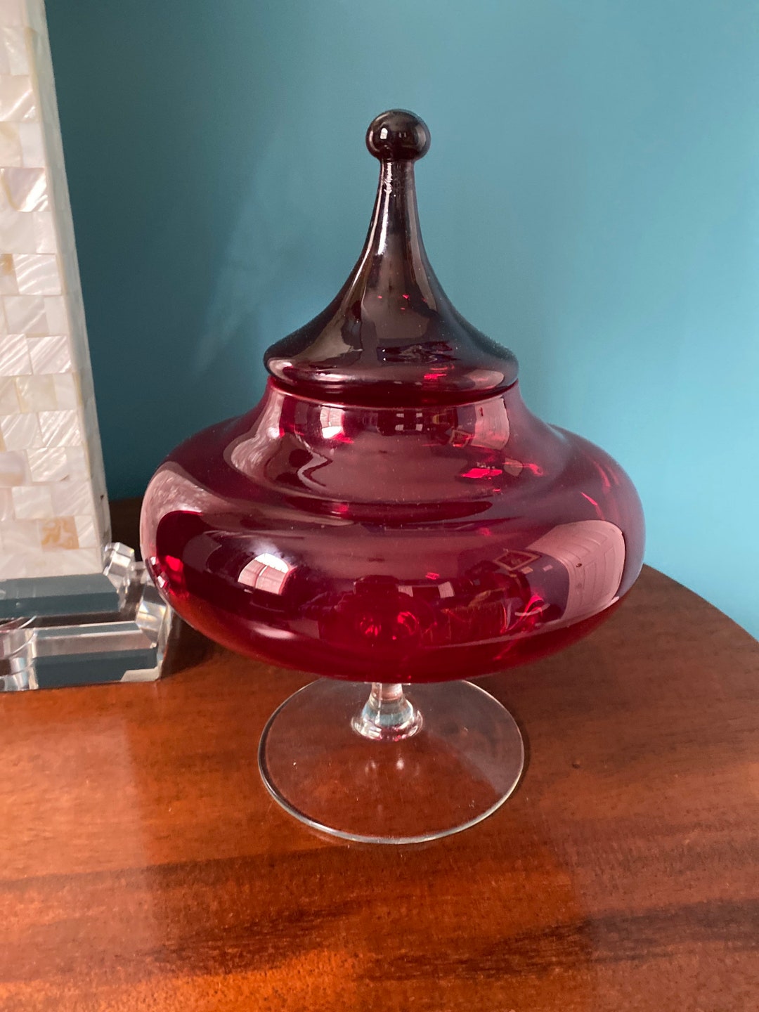 Blown Ruby Red Glass Compote Jar With Top Cover Unmarked Etsy