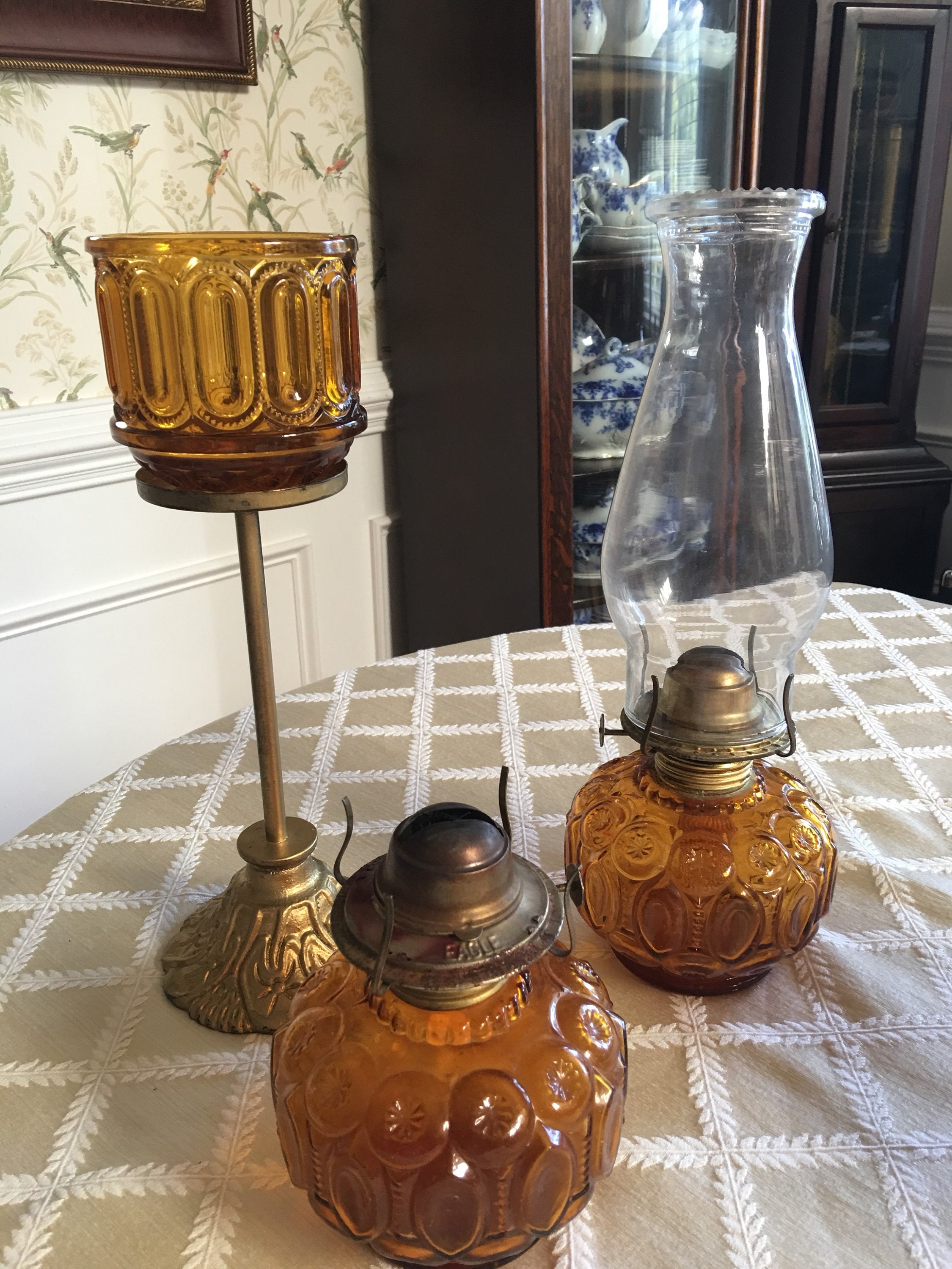 Vintage Amber Glass & Brass Small Hurricane Lamp Antique Kerosene Oil -  Small Brown Light Collectible Home Decor Circa early 1900s