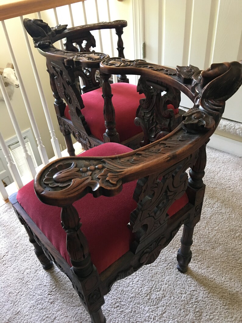 Antique carved ornate kissing chair red velvet suede Etsy