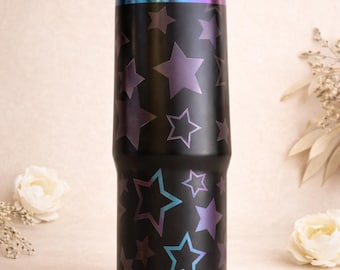 Holographic Star Engraved Tumbler – 30 oz  Black Stainless Steel Cup Gift for Her