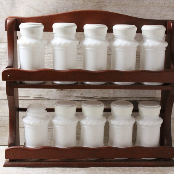 Vintage Milk Glass Spice Jars set of 10 and Wooden Rack kitchen decor retro