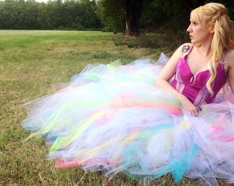 Sherbet Pastel Rainbow Galaxy and White Full Length Long Adult Prom Formal Bridal Tutu Skirt