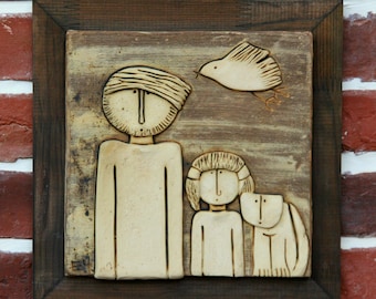 Ceramic family sculpture, Ceramic wall hanging, Gift from daughter, Ceramic Art , Fine Art Ceramics, Original Ceramic Art Tile, Single dad