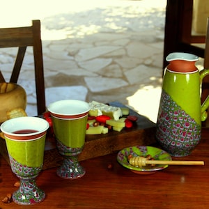 Green pottery wine pitcher with 2 wine glasses, Ceramics and Pottery Decanter, Water jug, Wine bottle, Ceramic chalice, Wine goblets
