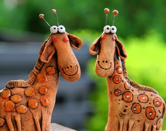 Small Giraffe Sculpture, Ceramic Giraffe Set, Giraffe Decor, Pottery Giraffe Figurine, Safari Animals Decor