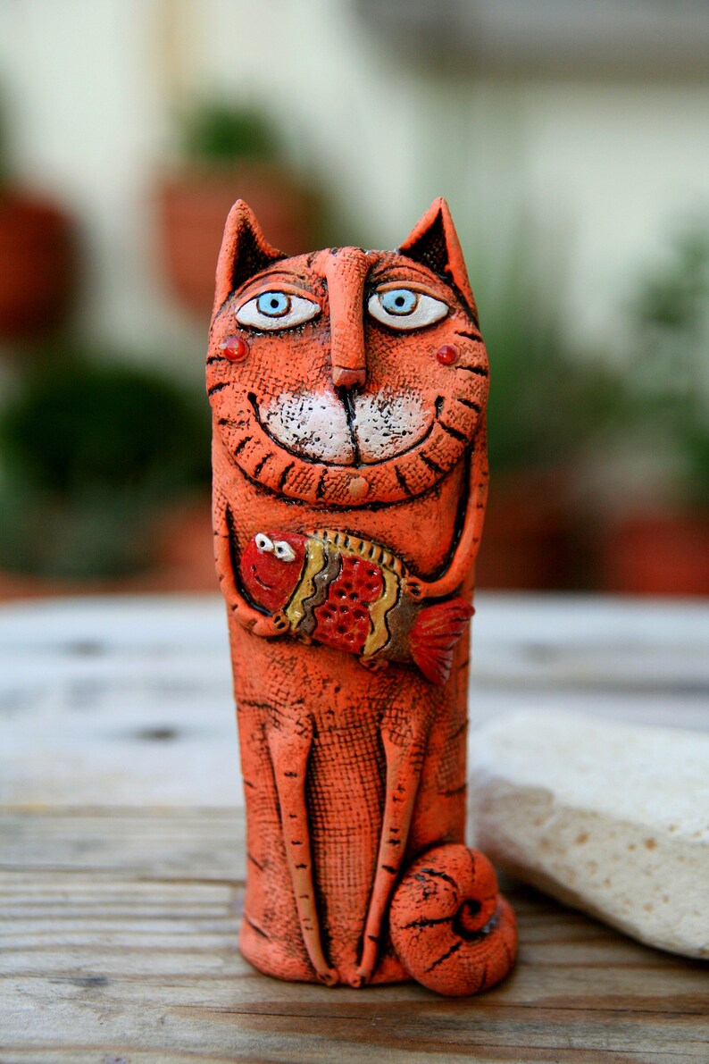 Funny Cat Sculpture Whimsical cat Ceramic Cat Miniature | Etsy