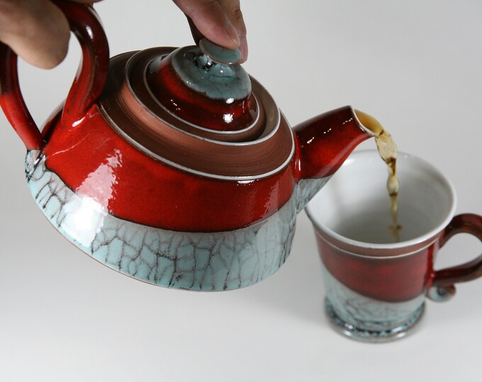Red Ceramic Teapot, Handmade Pottery Tea Kettle, Clay Tea Pot, Artistic and Functional Pottery
