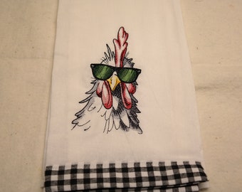 Chicken with Aviators on! Farm Animals Embroidered Floursack towels