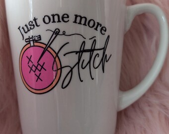Cross stitch themed ceramic mug