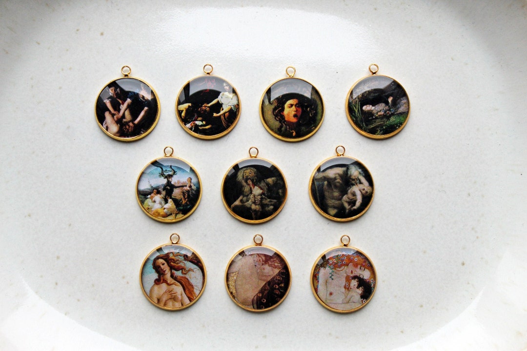 Art History Pendants in Gold Tone, Painting Detail Necklaces by