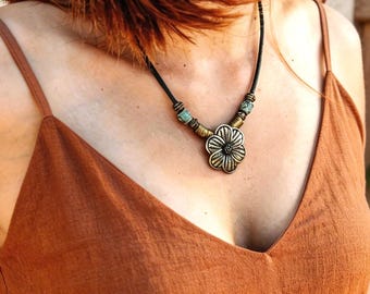 Boho Flower Necklace Women - Antique Bronze Leather Cord - Statement Necklace - Bohemian Tribal Pendant Jewelry Gift for Her