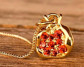 Gold Pomegranate Necklace: Red Crystal Seeds, Blessing Jewelry