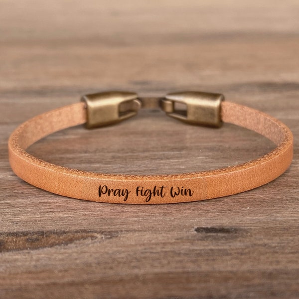 Pray Fight Win Cancer Support Gift Personalized Breast Cancer Gift Encouragement Gift for Friend You are Not Alone Genuine Leather Bracelet