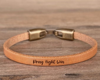 Pray Fight Win Cancer Support Gift Personalized Breast Cancer Gift Encouragement Gift for Friend You are Not Alone Genuine Leather Bracelet