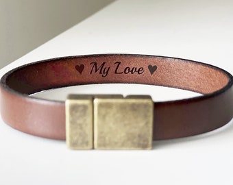 Secret Message Leather Bracelet: Engraved Hidden Message, Boyfriend Gift