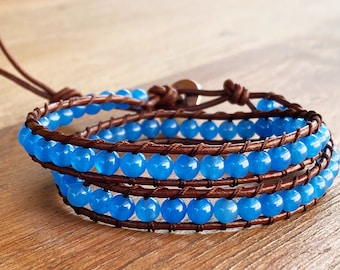Pulsera de envoltura, Pulsera de envoltura de cuentas, Pulsera de envoltura de cuentas de cuero, Pulsera de envoltura de cuentas azules, Regalo para ella, Regalo de cumpleaños para esposa