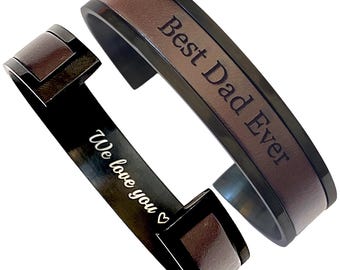 Personalized Stainless Steel Leather Cuff Bracelet – Custom Engraved Dad Gift for Father's Day or Birthday