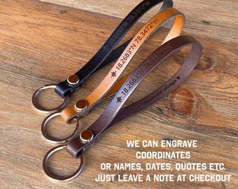 Personalized Leather Keychain: Engraved Coordinates, Name, Date
