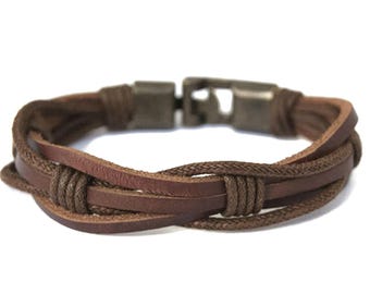 Handmade Brown Braided Leather Bracelet for Men, Engraved Clasp, Custom Gift for Him