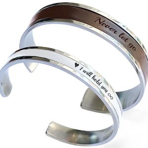 couples bracelets, set of 2 matching bracelets, stainless steel and genuine leather inlay, customizable, engrave your text, adjustable to most wrist sizes by bending, unique anniversary gift his and hers