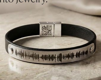 Personalized Soundwave Bracelet • Playable QR Code Voice Recording • Leather Audio Message Jewelry • Memorial, Baby Heartbeat, Gift for Him
