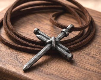 Men's Nail Cross Necklace, Christian Father's Day Gift for Husband, Free Engraving, Leather Cord or Steel Chain