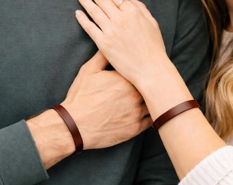 Personalized Couples Bracelets Leather His Hers Set : Custom Engraved Anniversary Gift