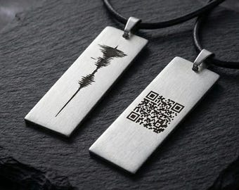 Personalized Sound Wave Necklace, Engraved Voice Message Bar With Scannable QR Code, Gifts for Men