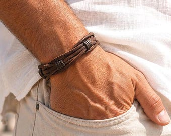 Mens Leather Bracelet Braided Rustic Brown - Unique Gifts Men - Custom Bracelet - Best Gift for Husband - Personalized Gift for Him