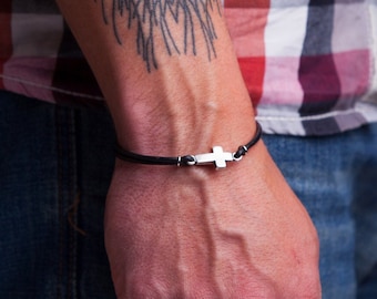 Mens Personalized Leather Engraved Cross Bracelet LG CROSS