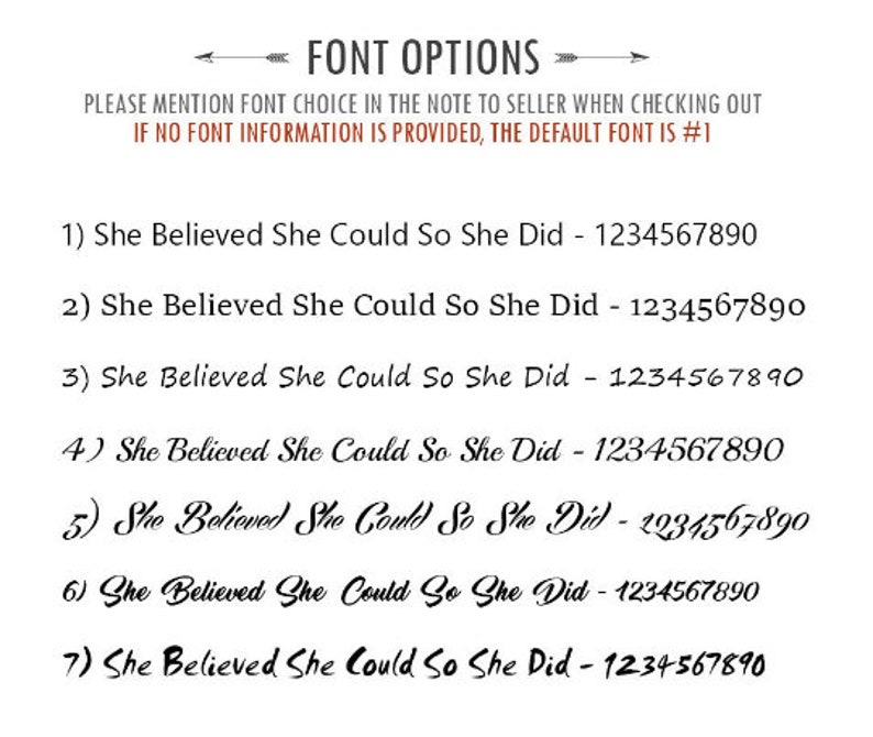 May include: Image displaying seven font styles, each presenting the phrase "She Believed She Could So She Did" alongside a number sequence. The heading reads "FONT OPTIONS". Instructions are given for font selection.