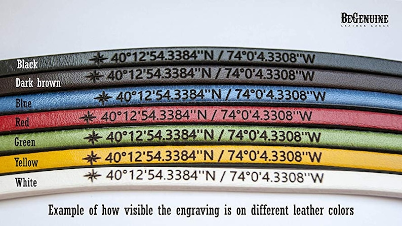 Puede incluir: Primer plano de siete tiras de cuero de diferentes colores, cada una con el mismo texto grabado: "40&deg;12'54.3384"N / 74&deg;0'4.3308"W". Los colores son negro, marr&oacute;n oscuro, azul, rojo, verde, amarillo y blanco. El texto es visible en cada tira, pero la visibilidad var&iacute;a seg&uacute;n el color del cuero.