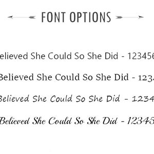 May include: Four different font options for the phrase "She Believed She Could So She Did" with the numbers 1234567890 below each option.