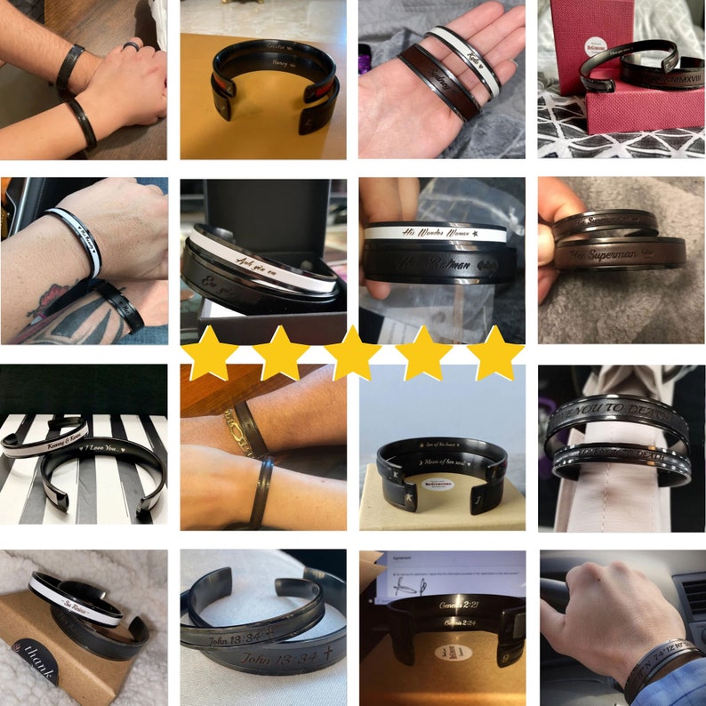 May include: A collection of black and silver engraved cuff bracelets with various inscriptions, including "I love you", "John 3:16", "John 13:34", "Colossians 2:21", "Colossians 2:24", "All Wonder Woman", "Superman", "A Million of the Love", "Until Death Do Us Part", "Thank You", and "Let go and be free".