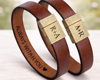 Personalized Couples Bracelets Leather His Hers Set : Custom Engraved Anniversary Gift