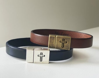 Mens Leather Bracelet - Cross  Wristband - Personalized bracelet with Bible Verse Encouragement - Easter gift - Adult Baptism Gift for Him